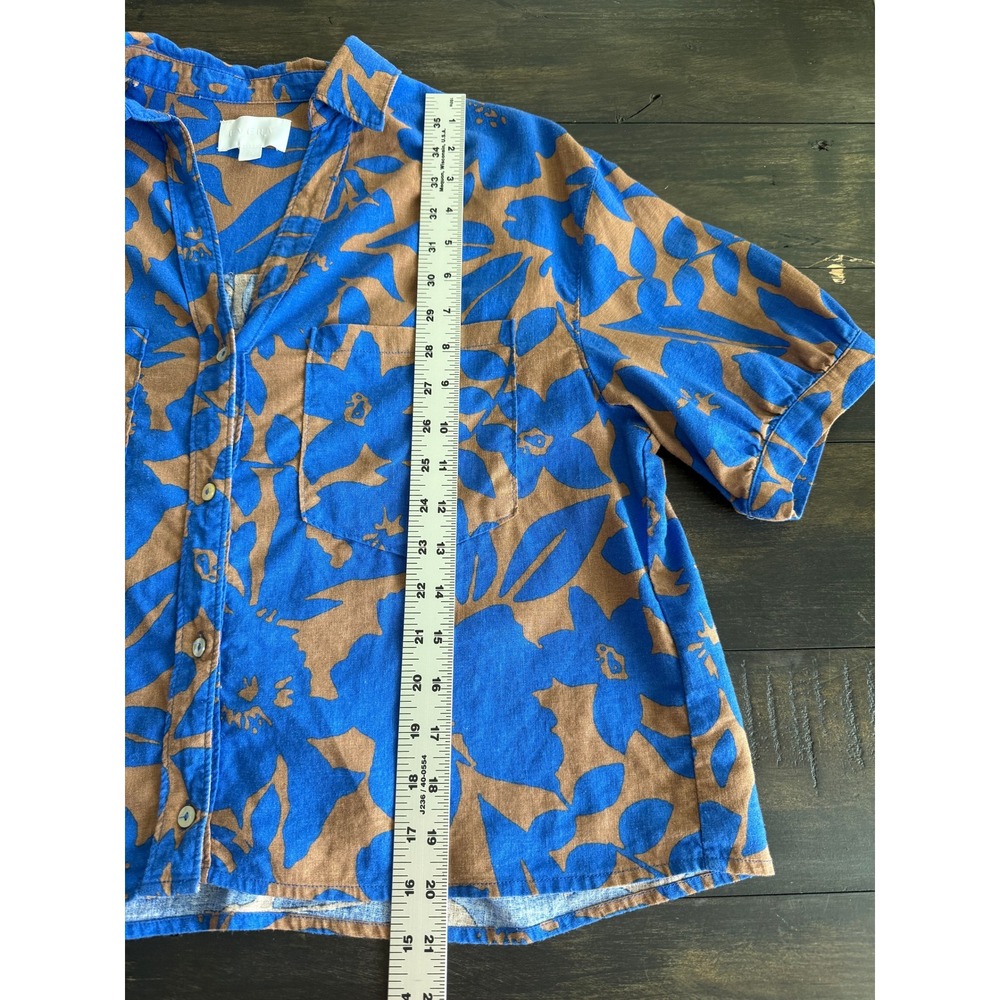 Every Linen Blend Tropical Print Button Up Short Sleeve Shirt Blue Brown Small - Picture 9 of 9